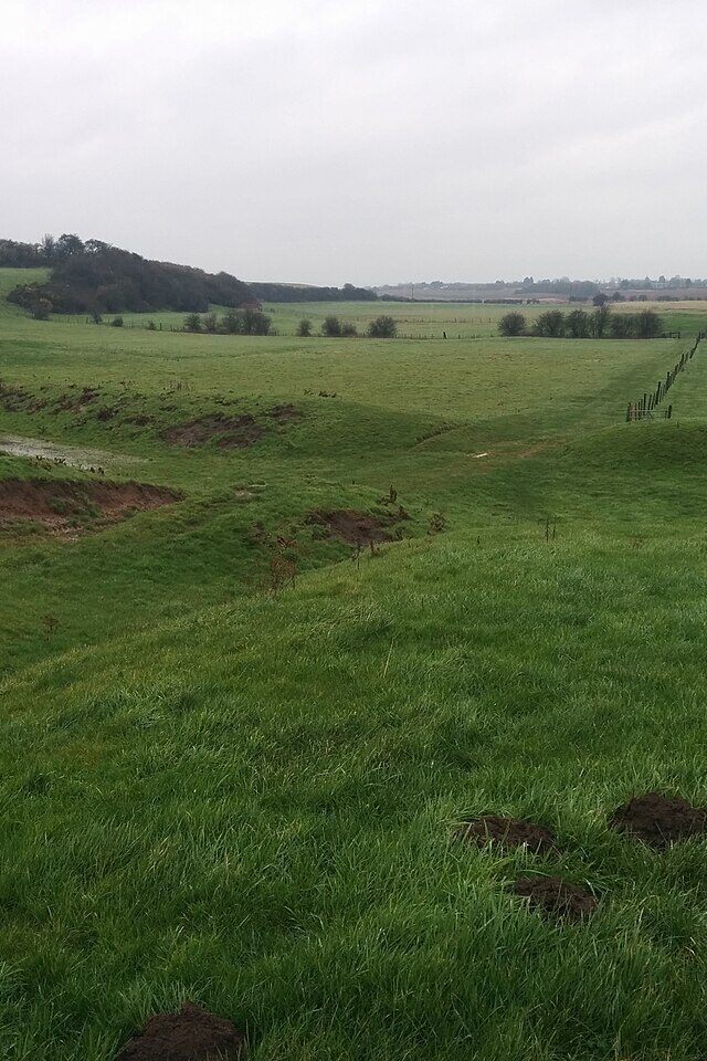 Skipsea Castle earthworks, East Riding of Yorkshire. (photo by Victuallers, CC-BY-SA 3.0)